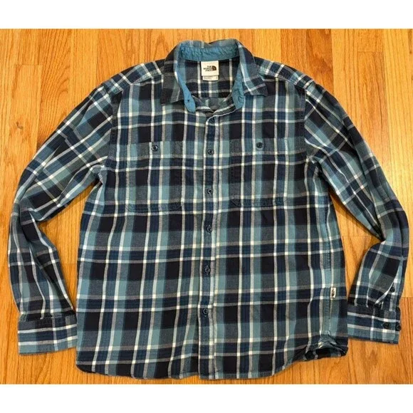 The North Face Shirt Men's Medium Blue Flannel Plaid Long Sleeve Button Front - Picture 1 of 11